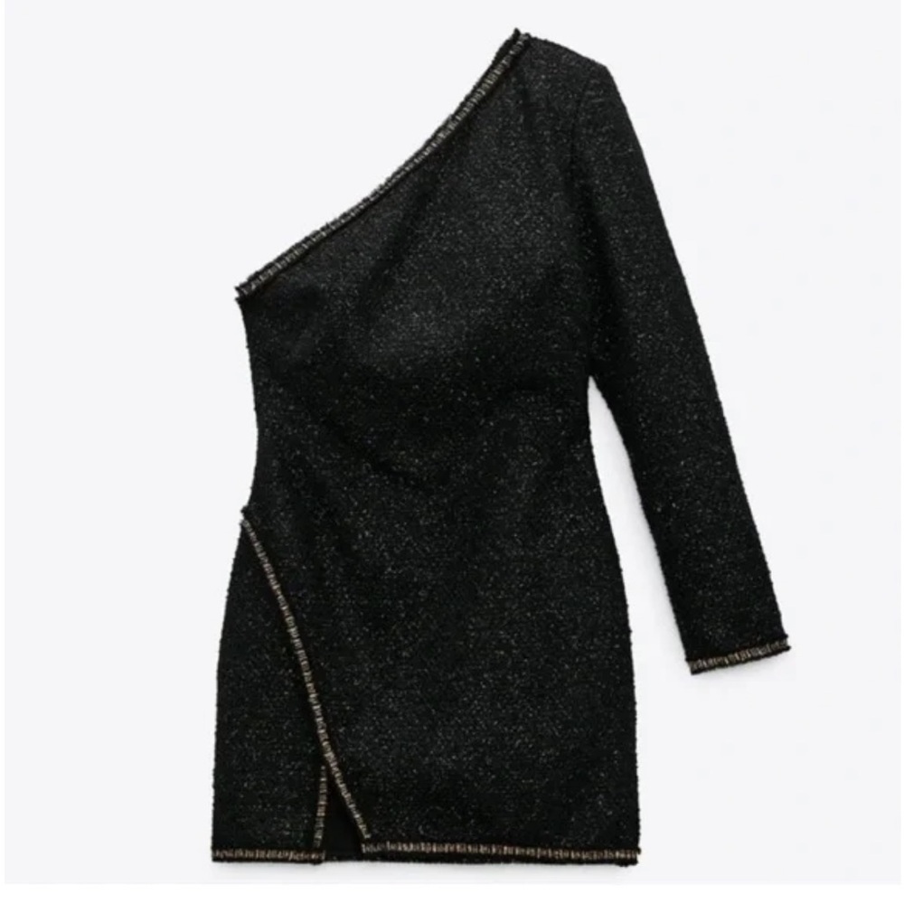 Zara Black One-Shoulder Sparkle Mini Dress. Size XS